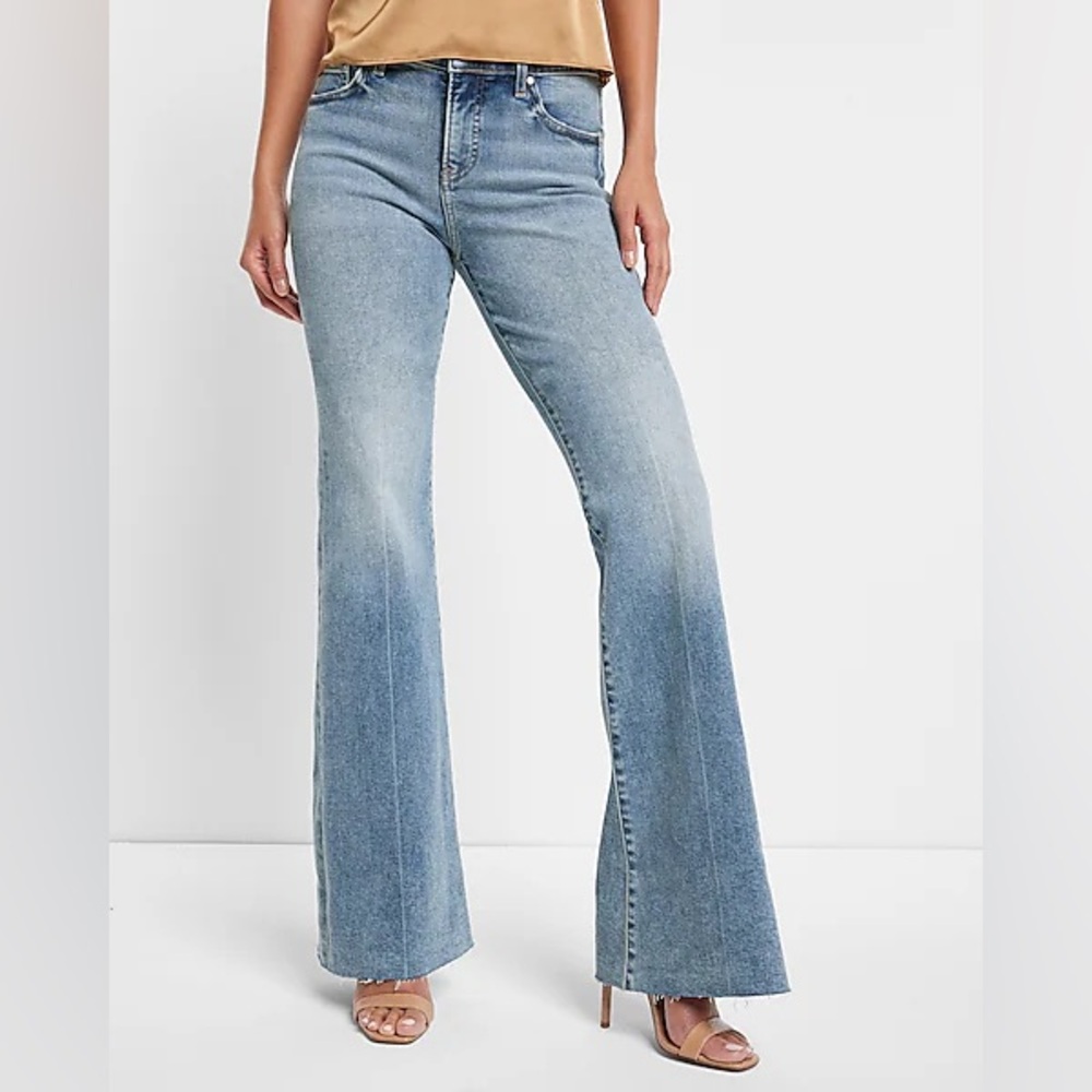 Express Light Wash Raw Hem '70s Flare Jeans Size 12